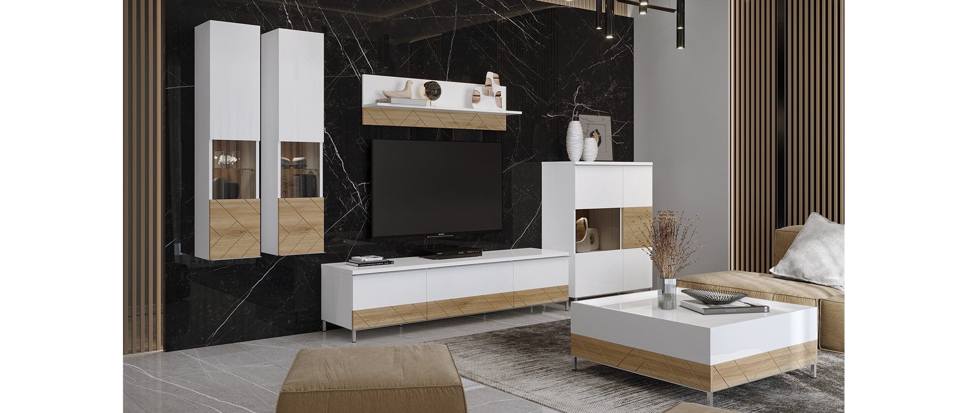 Jela Etajera suspendata din pal si MDF, Avis VP128/AV Large Alb / Nuc Pacific, l128xA21xH35 cm