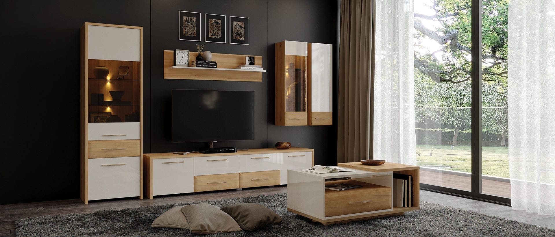 Jela Etajera suspendata din pal si MDF, Gala Large Bej / Nuc Pacific, l135xA21xH35 cm