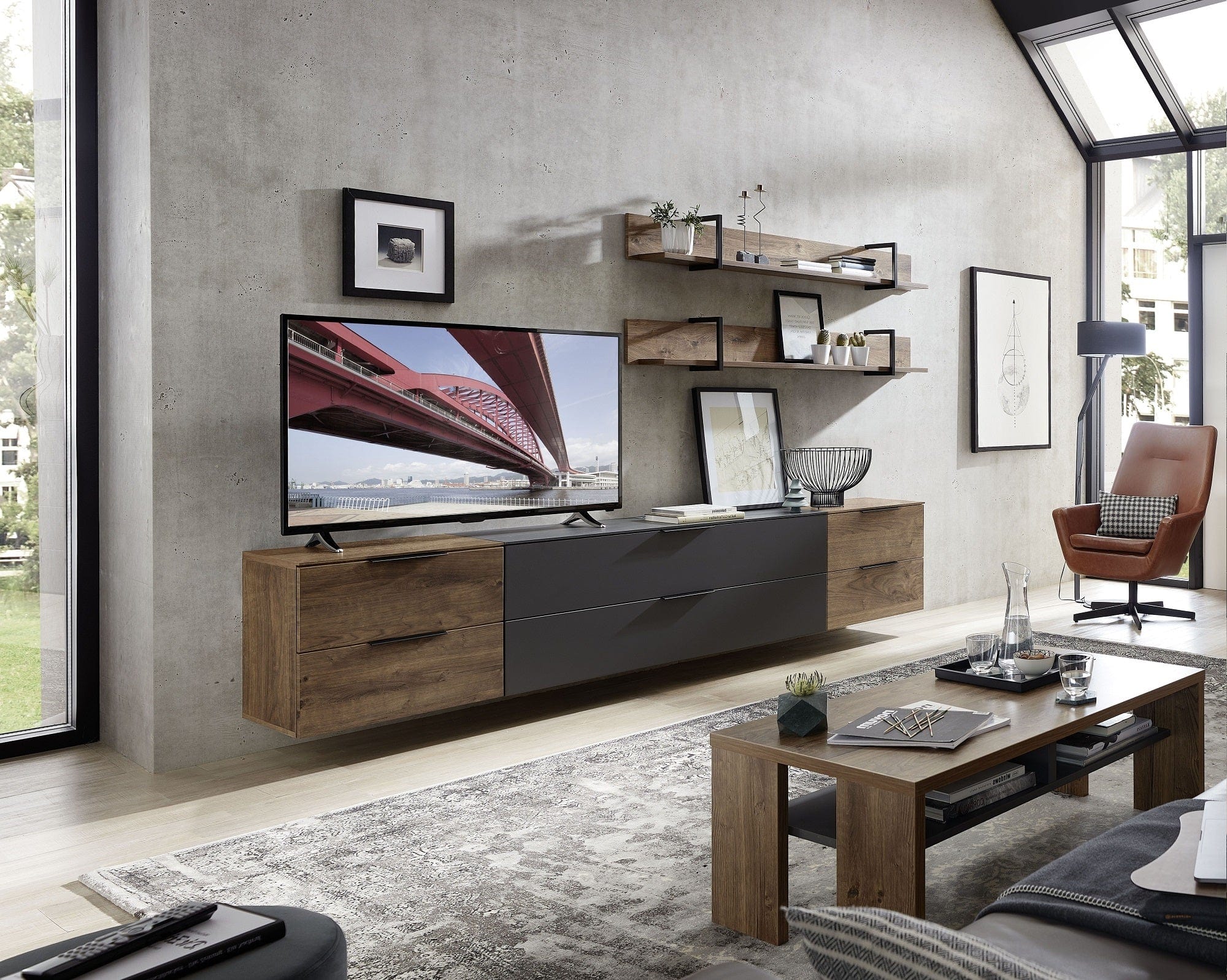 Innostyle Etajera suspendata din pal si MDF Madeline Havel Oak Cognac / Negru, l160xA22xH22 cm