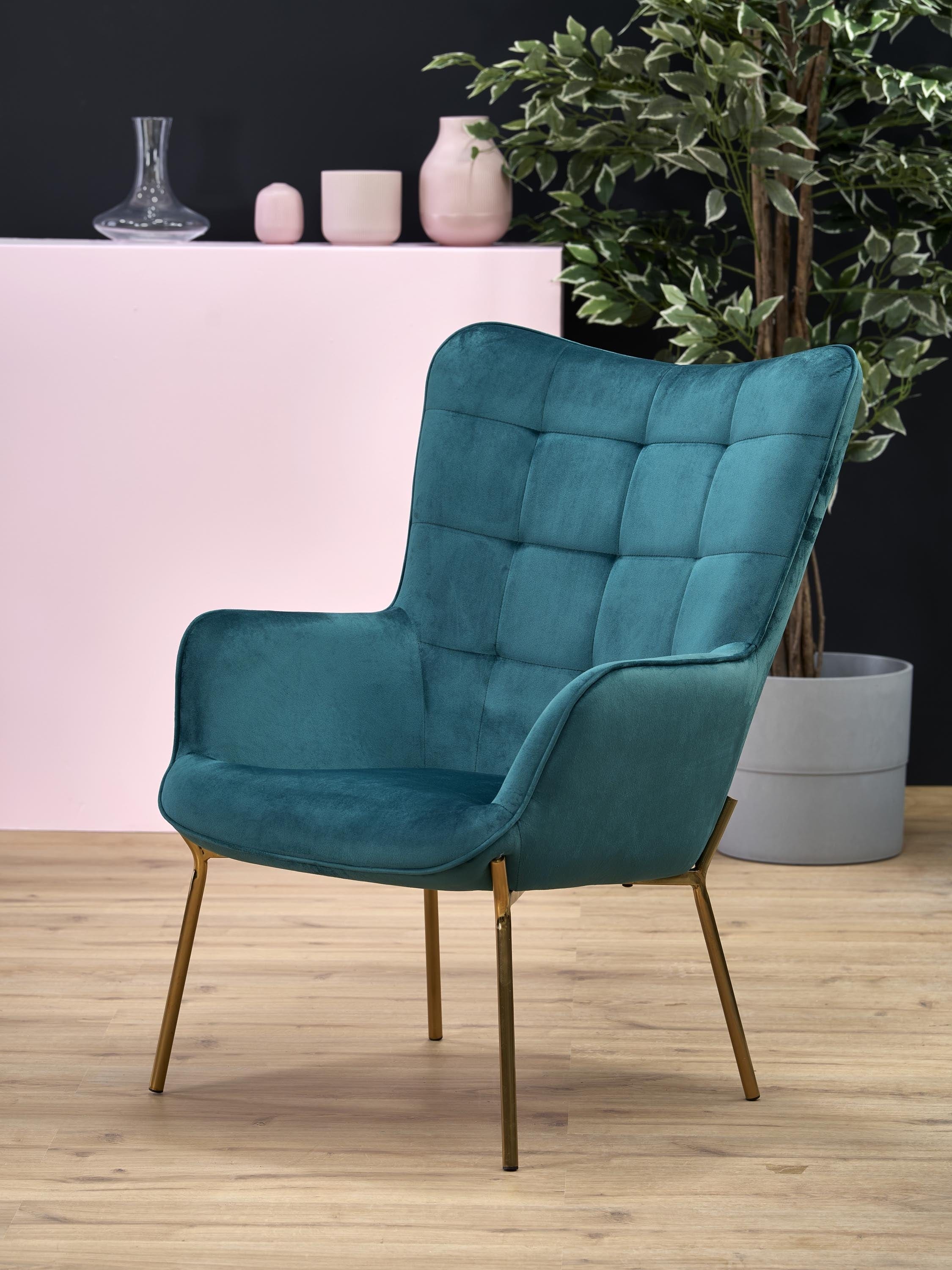 Halmar Fotoliu fix tapitat cu stofa, cu picioare metalice Castiel 2 Verde inchis / Auriu, l71xA79xH97 cm