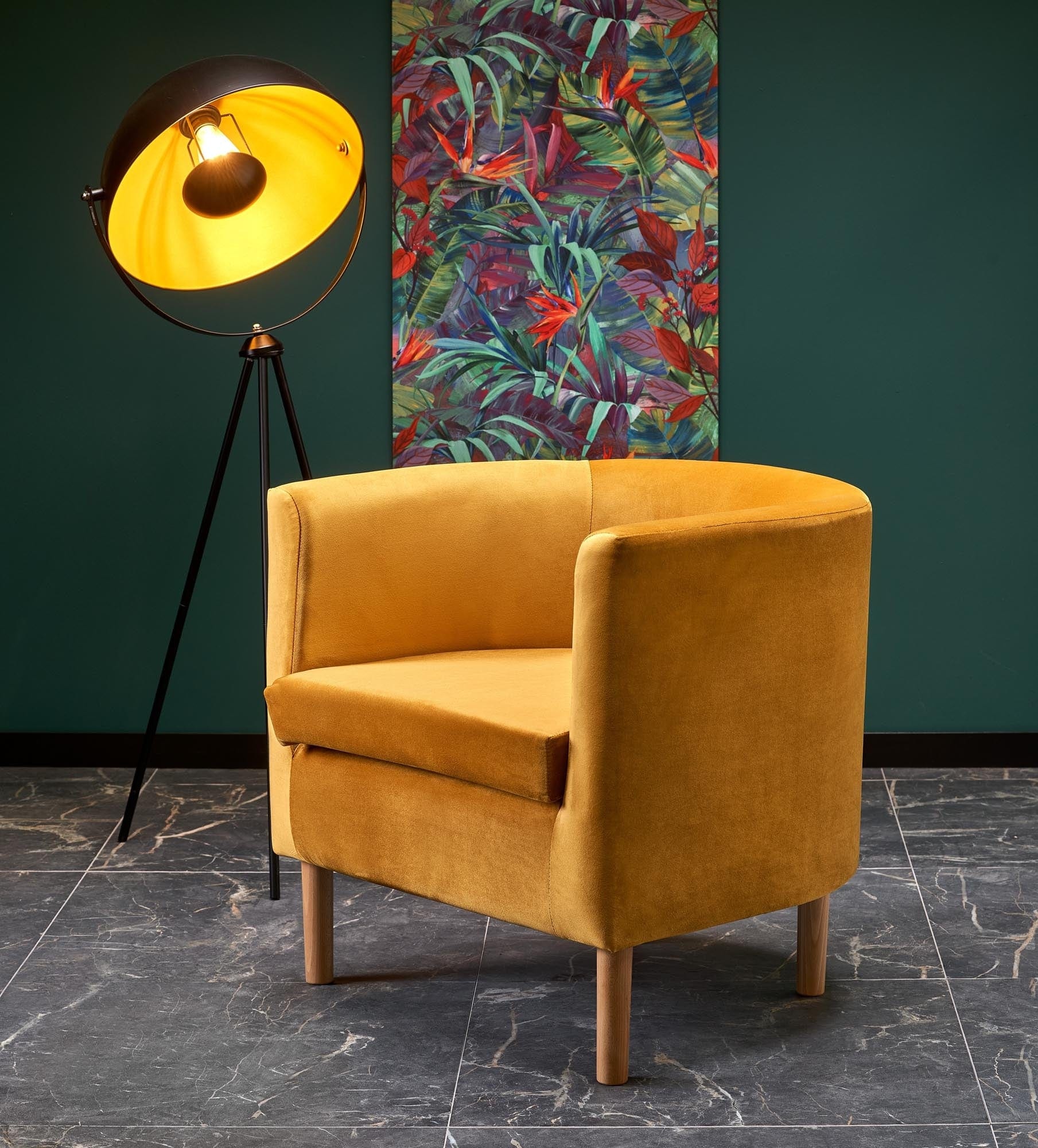 Halmar Fotoliu fix tapitat cu stofa si picioare din lemn, Cliffton II Velvet Mustariu / Natural, l66xA58xH64 cm