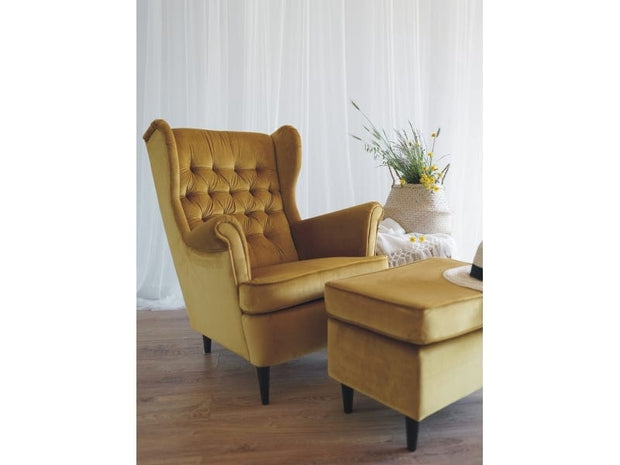 Fotoliu fix tapitat cu stofa si picioare din lemn Hartley Velvet Mustariu / Wenge, l68xA90xH100 cm (1)