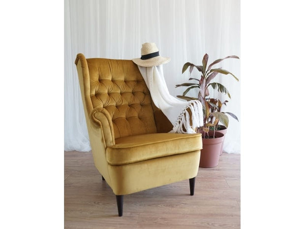 Fotoliu fix tapitat cu stofa si picioare din lemn Hartley Velvet Mustariu / Wenge, l68xA90xH100 cm (3)