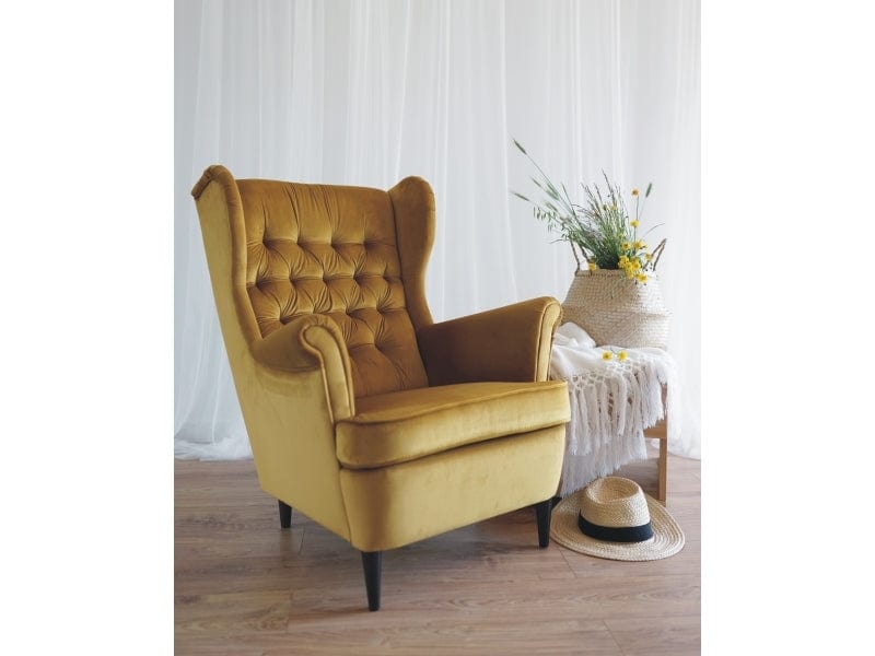 Fotoliu fix tapitat cu stofa si picioare din lemn Hartley Velvet Mustariu / Wenge, l68xA90xH100 cm (4)