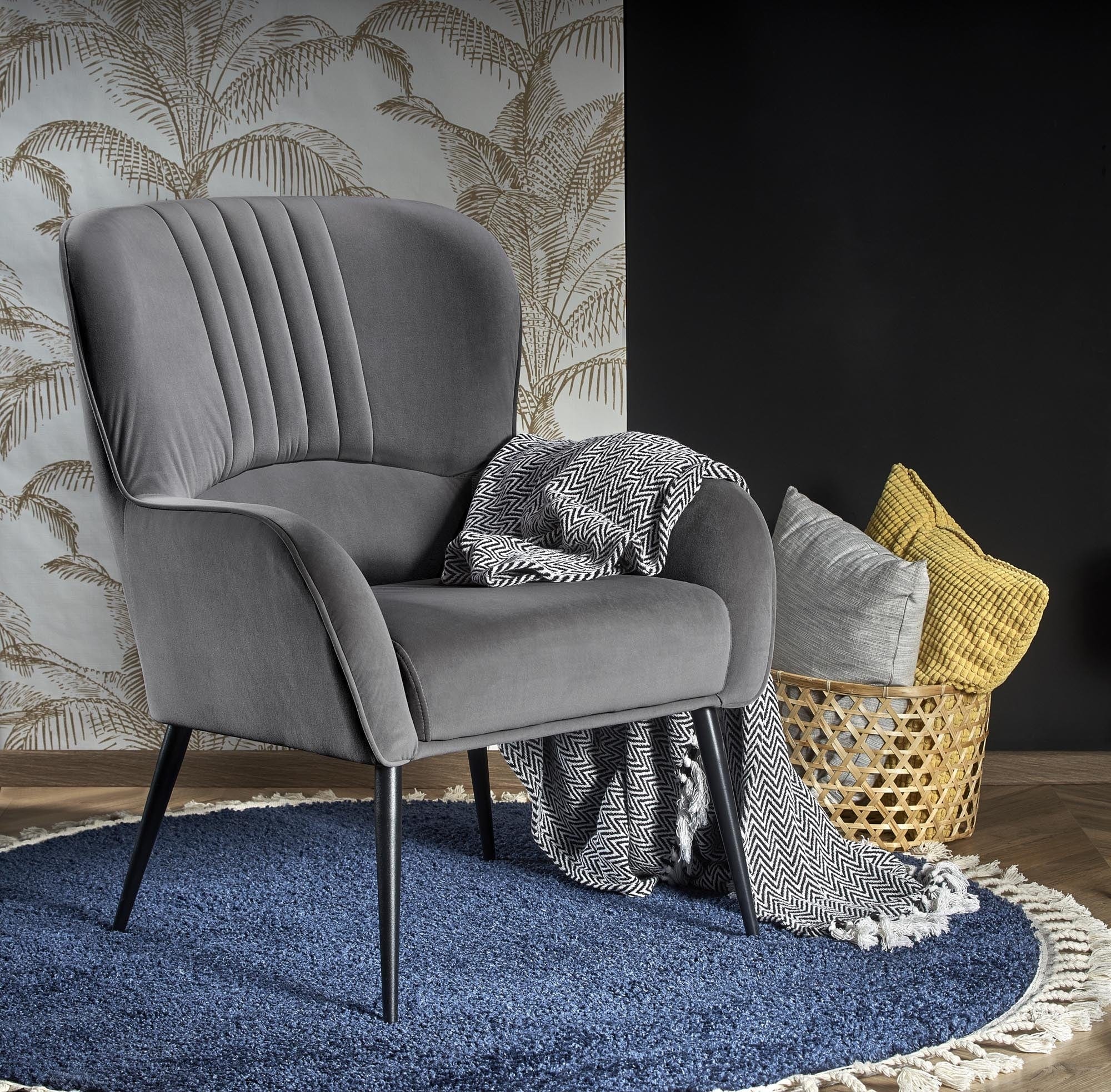 Halmar Fotoliu fix tapitat cu stofa si picioare metalice, Veras Velvet Gri / Negru, l73xA70xH94 cm