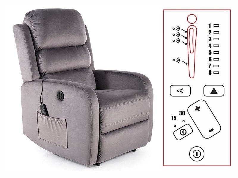 Fotoliu Recliner cu mecanism electric si functie masaj, tapitat cu stofa, Page M Velvet Gri, l64xA88xH102 cm (1)
