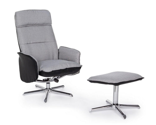 Fotoliu Relaxare tapitat cu stofa si piele ecologica + Taburet Cora Gri, l70xA81xH92,5 cm