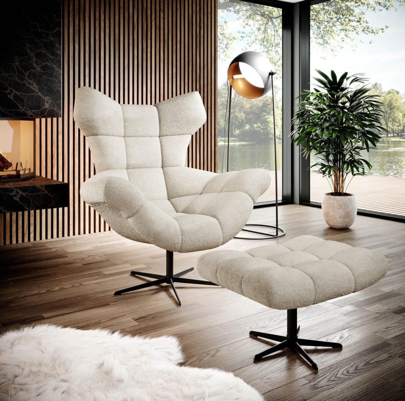 Wersal Fotoliu rotativ tapitat cu stofa si picior metalic, Sensiv Ivoir / Negru, l103xA84xH119 cm