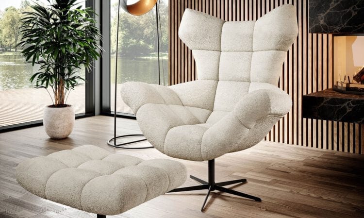 Wersal Fotoliu rotativ tapitat cu stofa si picior metalic, Sensiv Ivoir / Negru, l103xA84xH119 cm