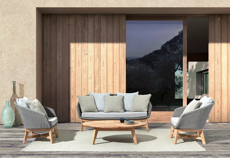 Fotoliu fix pentru gradina / terasa, din aluminiu si lemn de tec, Coachella Gri Deschis / Natural, l76xA78xH77 cm (2)