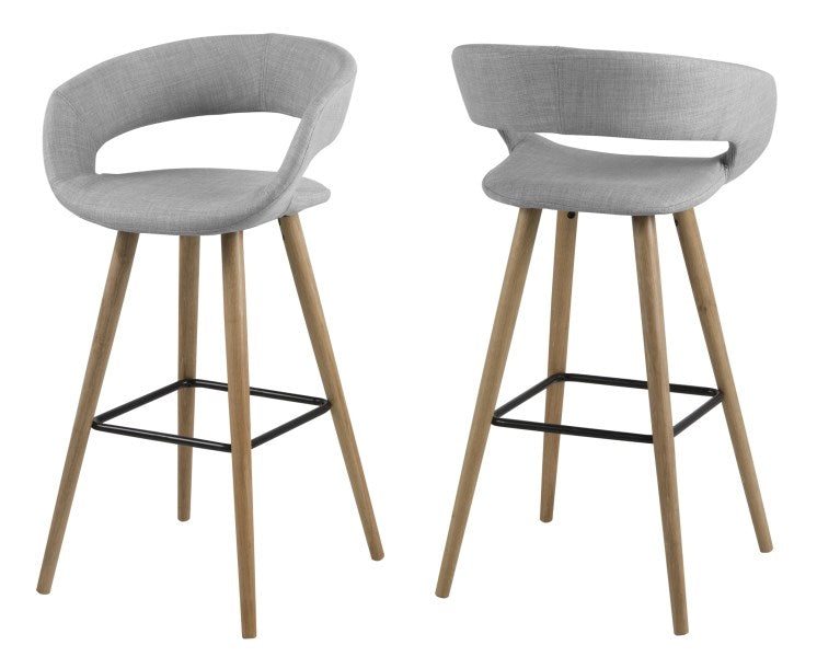 Set 2 scaune de bar tapitate cu stofa si picioare din lemn Grace Gri Deschis / Stejar, l55xA46,5xH98 cm