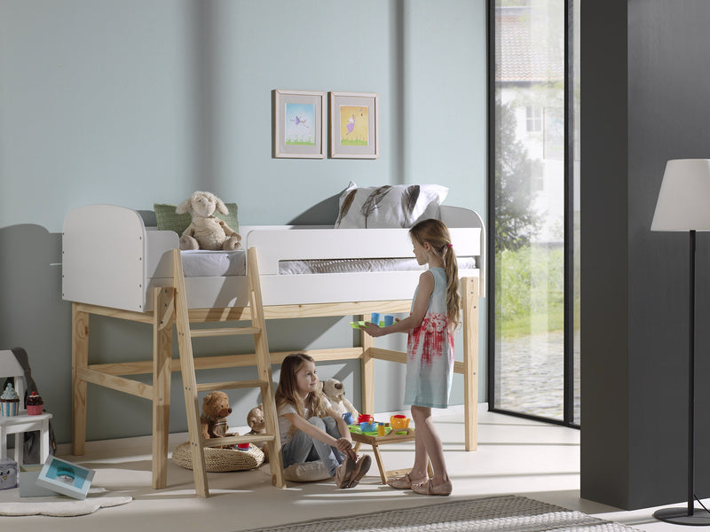 Pat etajat din lemn de pin si MDF, pentru copii cu spatiu de joaca Kiddy Alb, 200 x 90 cm (1)