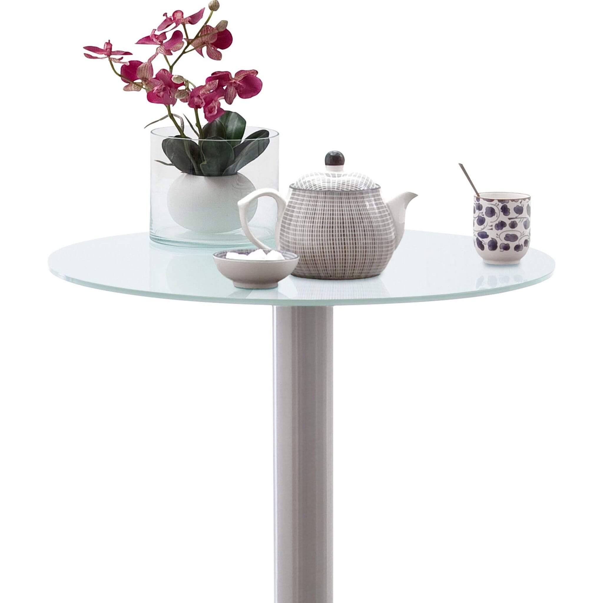 Masa de bar din sticla si metal, Zarina 1 Round Alb / Crom, Ø65xH105 cm (2)