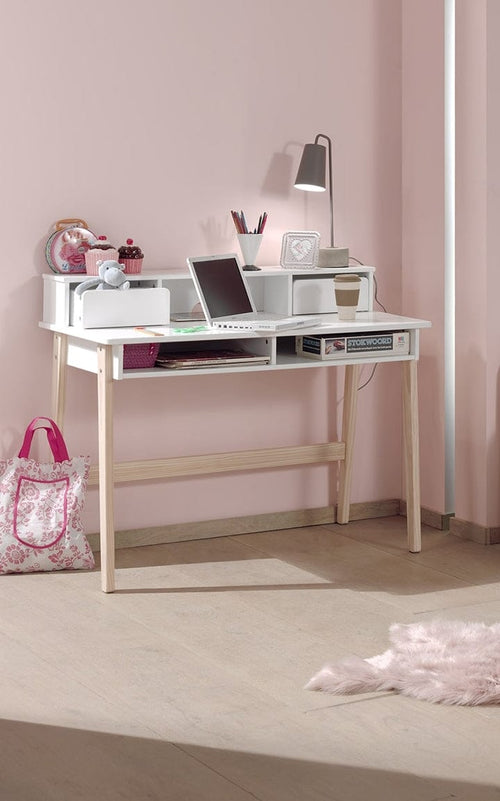 Vipack Masa de birou din lemn de pin si MDF cu 2 sertare, pentru copii Kiddy Alb, L110xl60xH90 cm