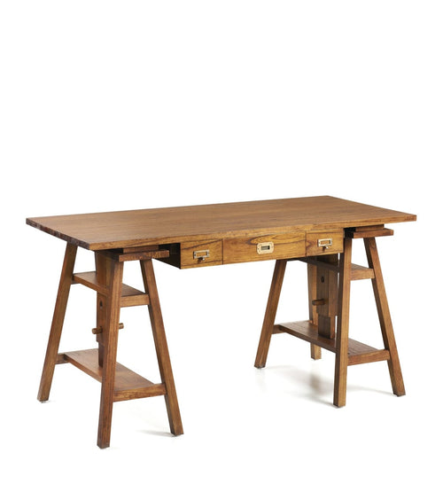 Moycor Masa de birou din lemn si furnir, cu 3 sertare si inaltime reglabila, Star Nuc, L152xl70xH78-98 cm