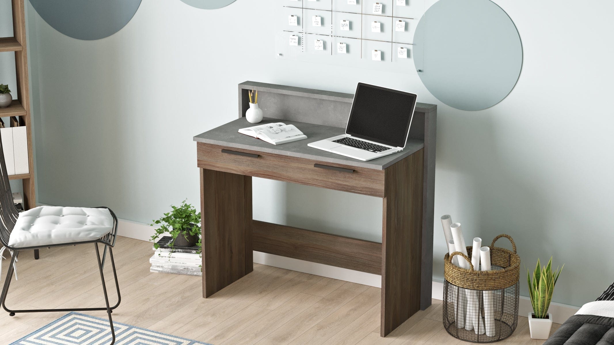 Asir Masa de birou din pal, cu 1 sertar New Home HM7-CG Maro / Gri, L93,6xl47,3xH90 cm