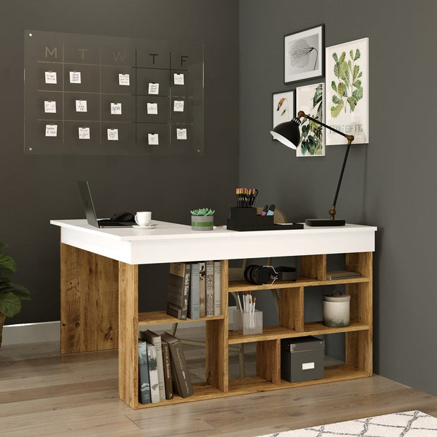 Asir Masa de birou din pal, cu biblioteca, Tywin CT5-AW Alb / Natural, L120xl120xH72 cm