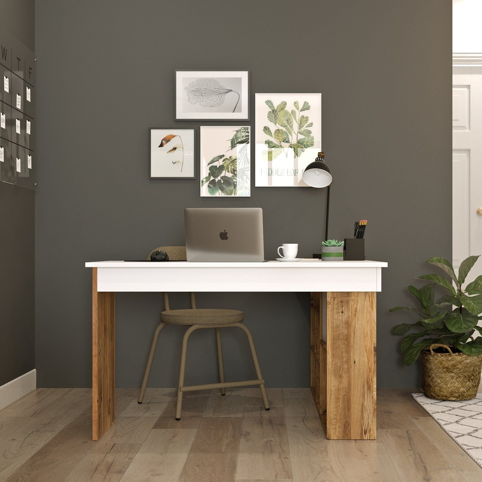 Asir Masa de birou din pal, cu biblioteca, Tywin CT5-AW Alb / Natural, L120xl120xH72 cm
