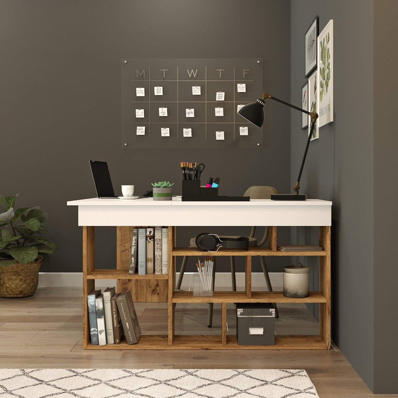 Asir Masa de birou din pal, cu biblioteca, Tywin CT5-AW Alb / Natural, L120xl120xH72 cm