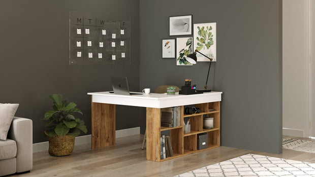 Asir Masa de birou din pal, cu biblioteca, Tywin CT5-AW Alb / Natural, L120xl120xH72 cm