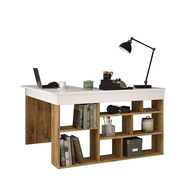Asir Masa de birou din pal, cu biblioteca, Tywin CT5-AW Alb / Natural, L120xl120xH72 cm