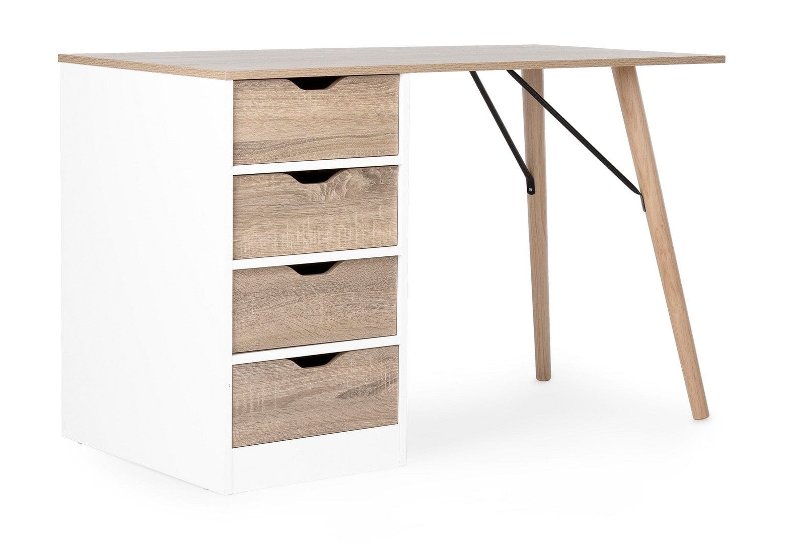 Masa de birou din pal si lemn, cu 4 sertare Alberta Natural / Alb, L120xl60xH75 cm