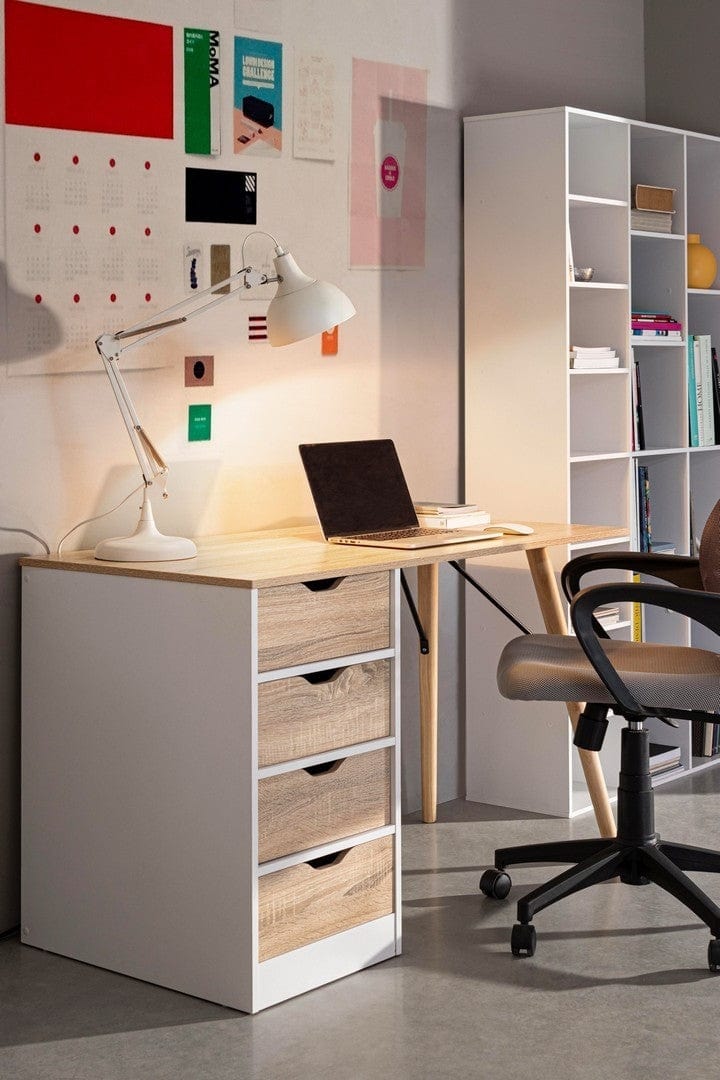 Masa de birou din pal si lemn, cu 4 sertare Alberta Natural / Alb, L120xl60xH75 cm (1)