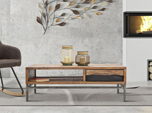 Mauro Ferretti Masa de cafea din lemn de salcam si metal, cu 1 sertar, Yellowstone Natural, L118xl70xH40 cm