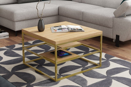 Wersal Masa de cafea din lemn de stejar, cu picioare metalice, Coryse Stejar / Auriu, L70xl70xH45 cm