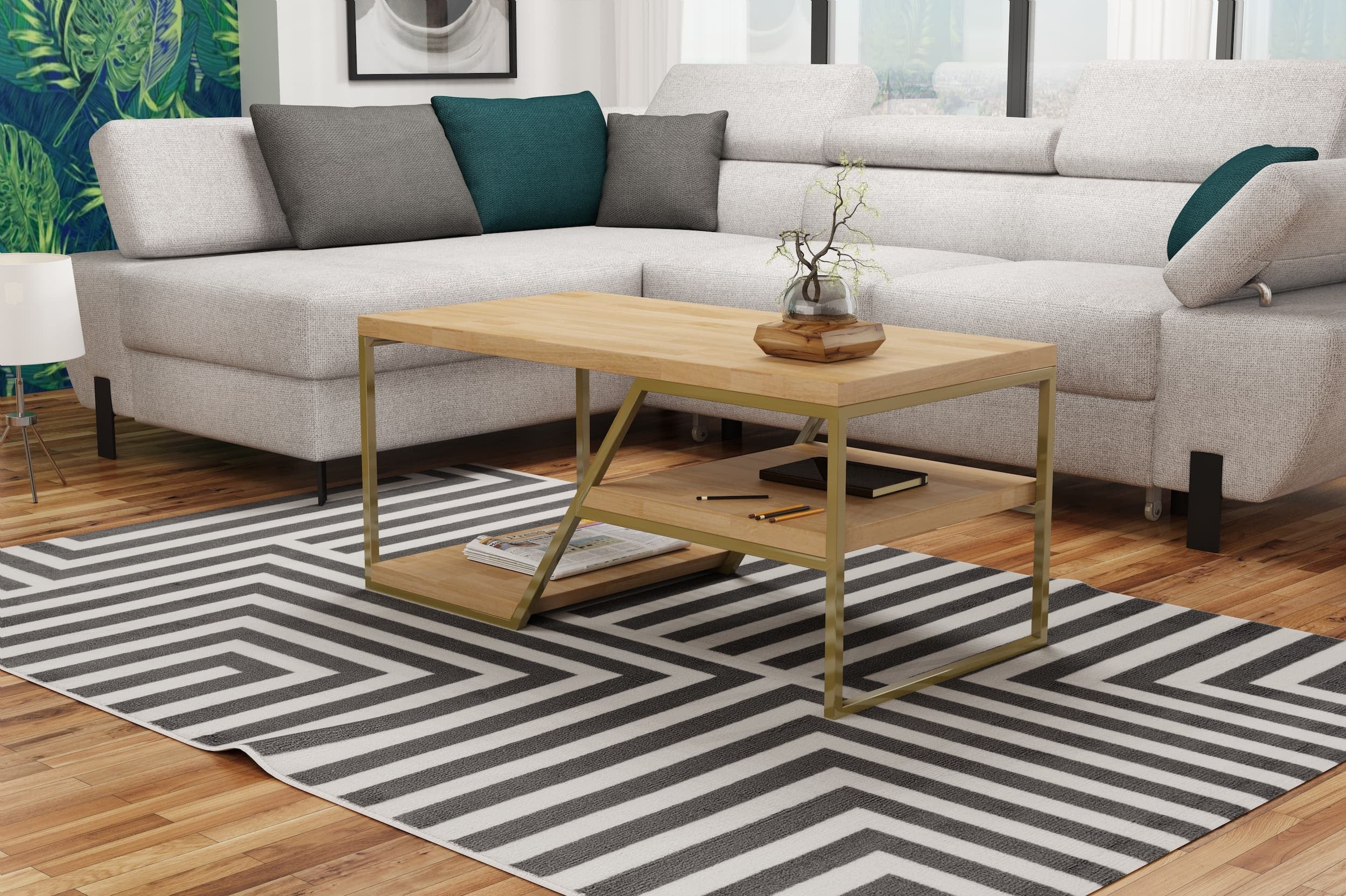 Masa de cafea din lemn de stejar, cu picioare metalice, Ellisa Stejar / Auriu, L100xl50xH45 cm (4)