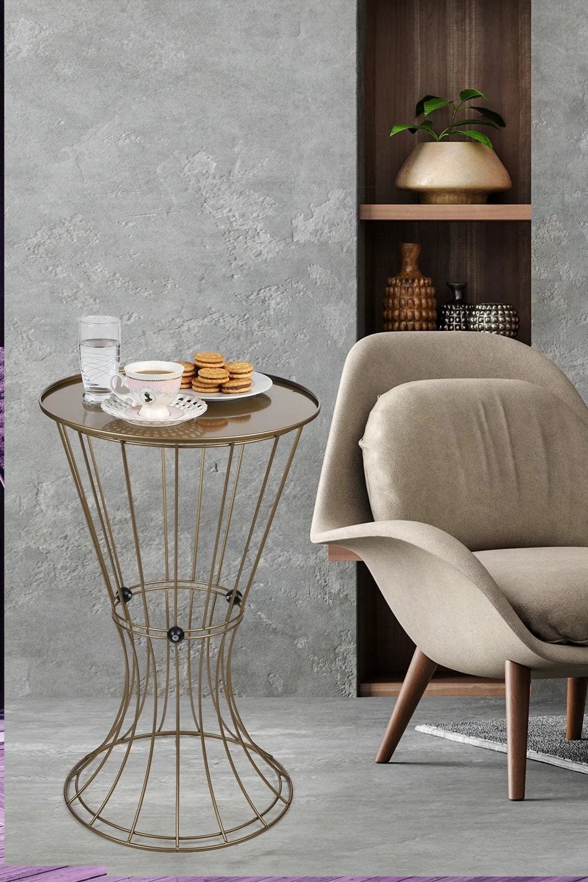 Masa de cafea din MDF si metal, Baybars Alama / Negru, Ø35xH56 cm (1)