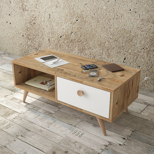 Asir Masa de cafea din pal si lemn, cu 1 sertar Vilamo VL7-211 Alb / Natural, L96xl44,5xH38,8 cm