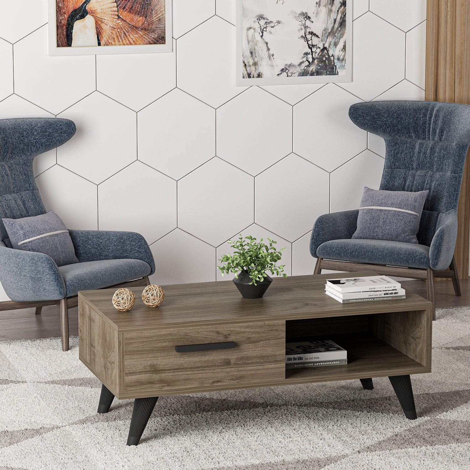 Masa de cafea din pal, Smi̇le Nuc / Negru, L90xl45xH35 cm