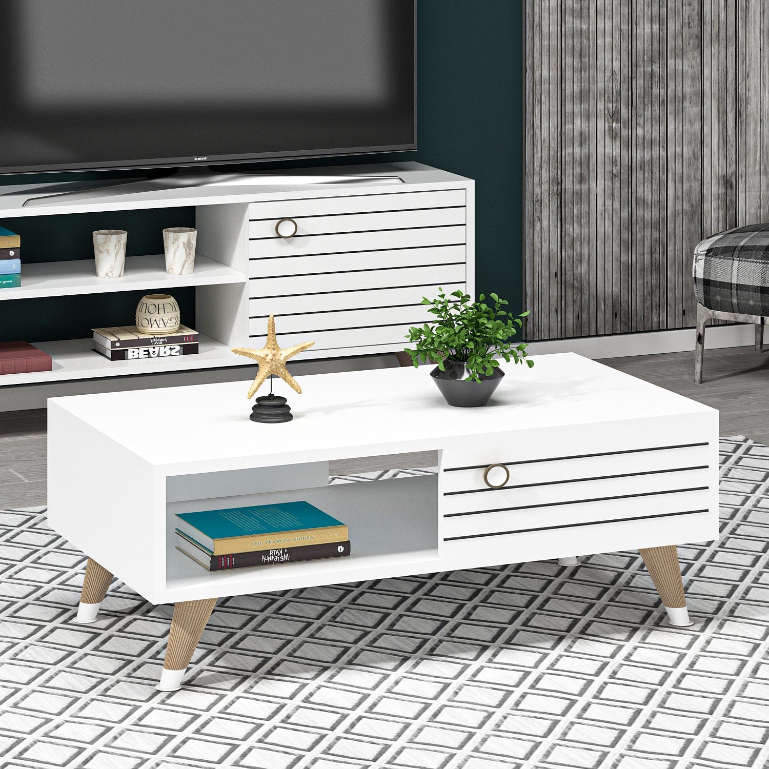 Masa de cafea din pal, Space Alb / Natural, L90xl60xH35 cm (1)