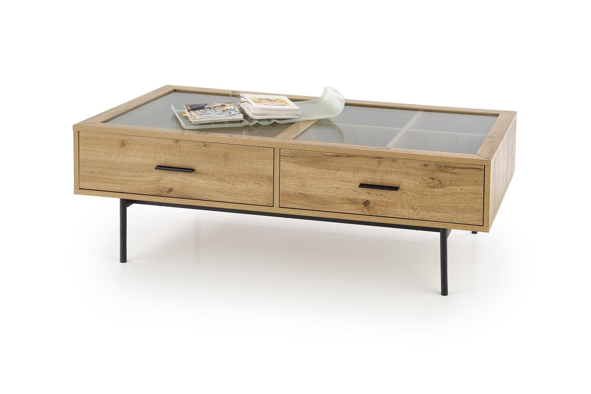 Masa de cafea din sticla, MDF si metal cu 2 sertare, Constantine Stejar / Negru, L120xl60xH40 cm (2)