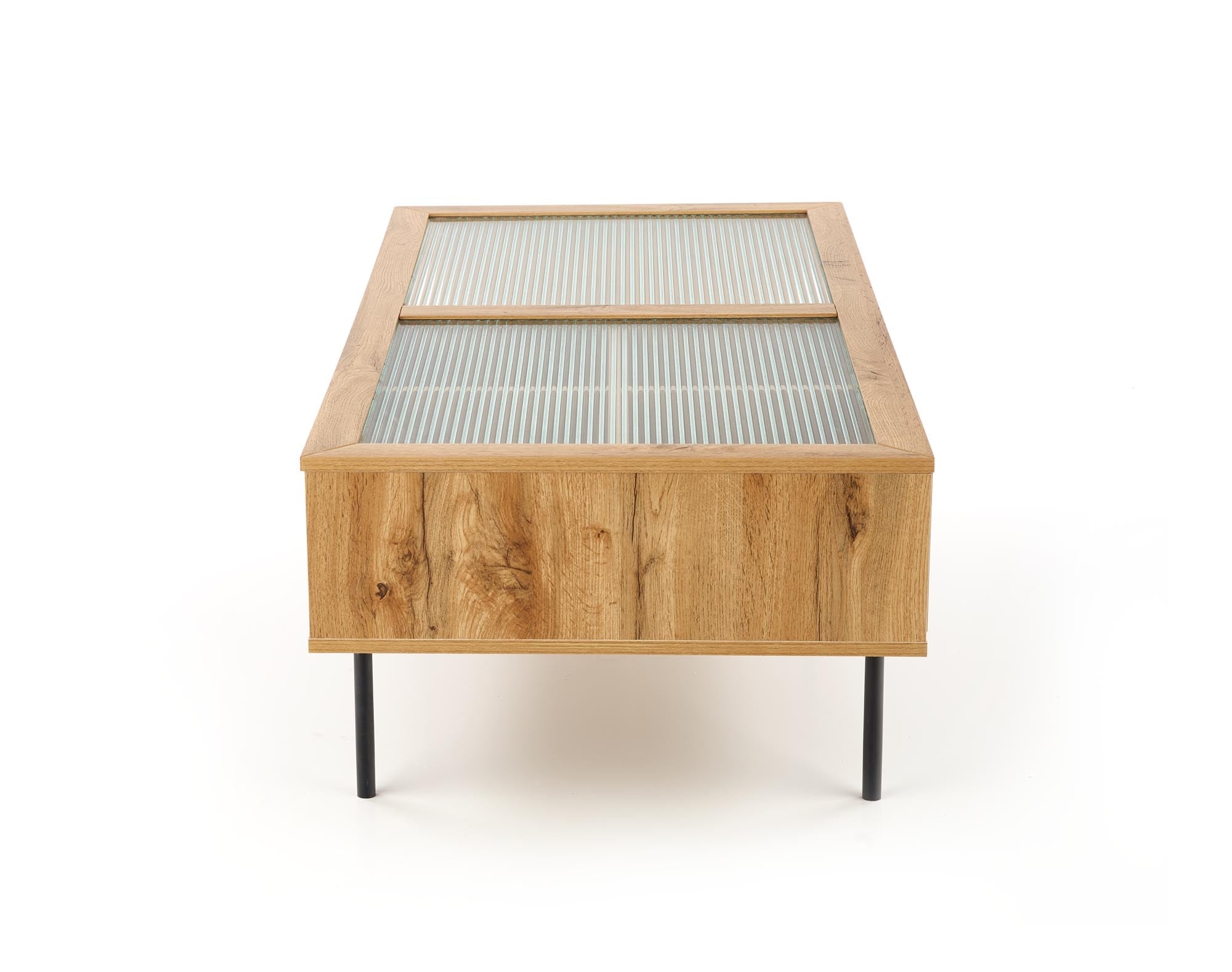 Halmar Masa de cafea din sticla, MDF si metal cu 2 sertare, Constantine Stejar / Negru, L120xl60xH40 cm