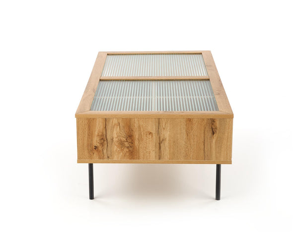 Halmar Masa de cafea din sticla, MDF si metal cu 2 sertare, Constantine Stejar / Negru, L120xl60xH40 cm