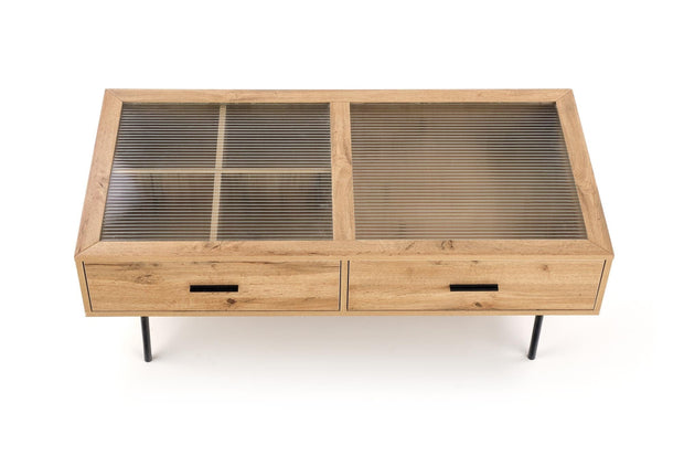 Masa de cafea din sticla, MDF si metal cu 2 sertare, Constantine Stejar / Negru, L120xl60xH40 cm (4)