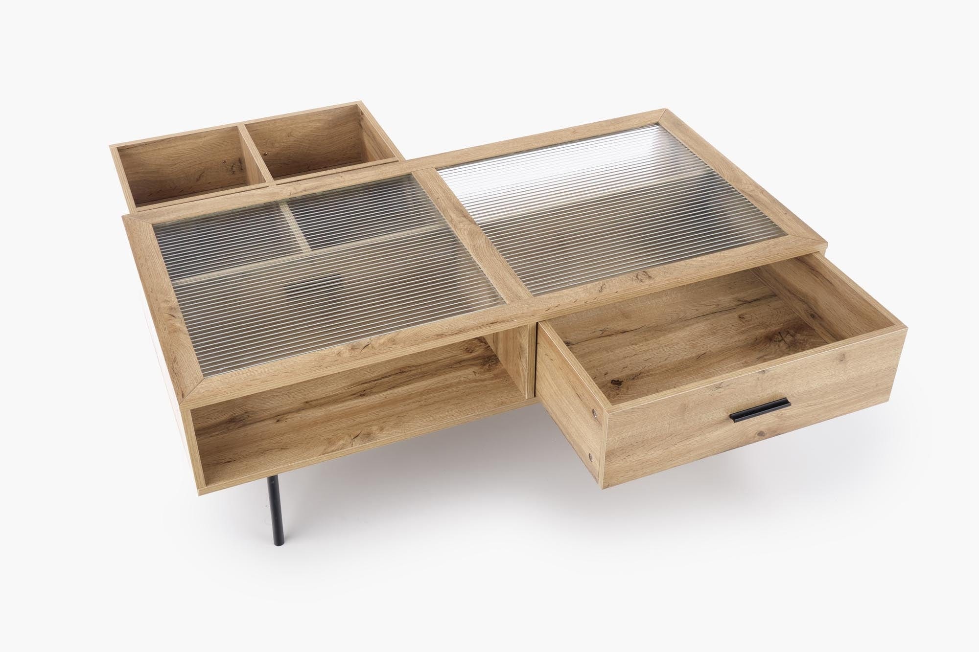 Masa de cafea din sticla, MDF si metal cu 2 sertare, Constantine Stejar / Negru, L120xl60xH40 cm (5)