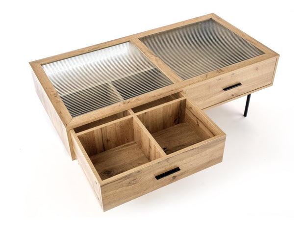 Halmar Masa de cafea din sticla, MDF si metal cu 2 sertare, Constantine Stejar / Negru, L120xl60xH40 cm