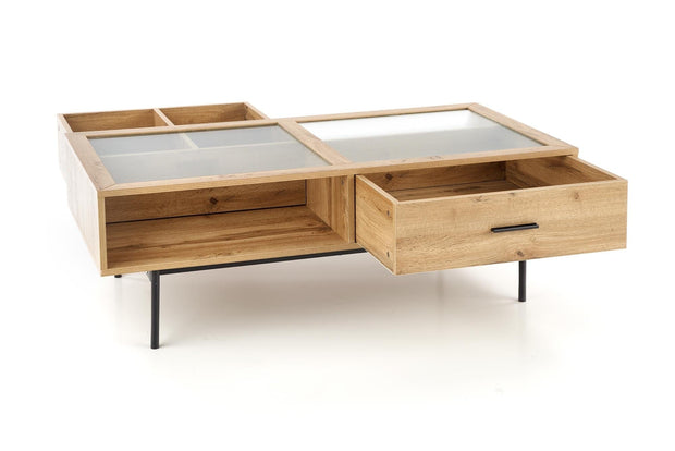 Halmar Masa de cafea din sticla, MDF si metal cu 2 sertare, Constantine Stejar / Negru, L120xl60xH40 cm