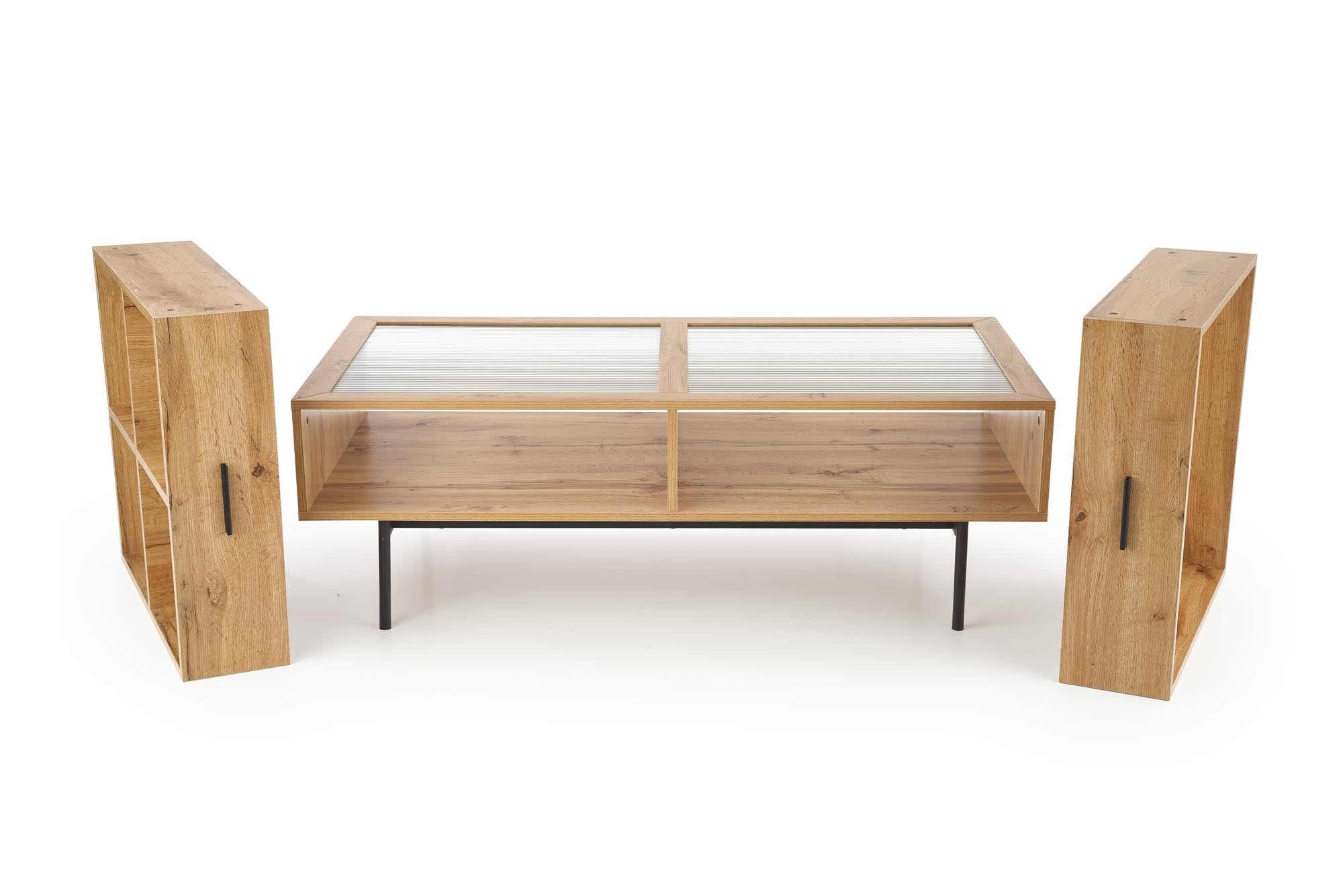 Halmar Masa de cafea din sticla, MDF si metal cu 2 sertare, Constantine Stejar / Negru, L120xl60xH40 cm