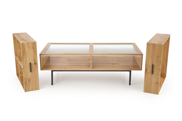 Halmar Masa de cafea din sticla, MDF si metal cu 2 sertare, Constantine Stejar / Negru, L120xl60xH40 cm