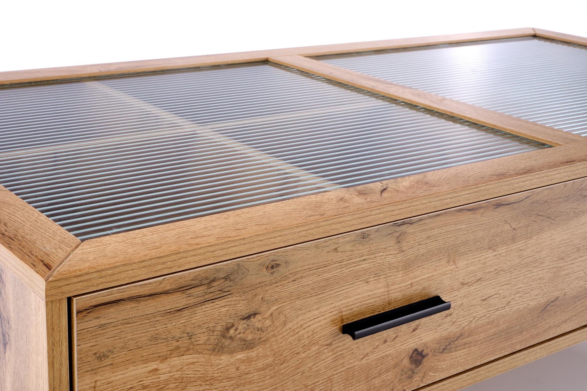 Halmar Masa de cafea din sticla, MDF si metal cu 2 sertare, Constantine Stejar / Negru, L120xl60xH40 cm