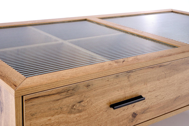 Halmar Masa de cafea din sticla, MDF si metal cu 2 sertare, Constantine Stejar / Negru, L120xl60xH40 cm