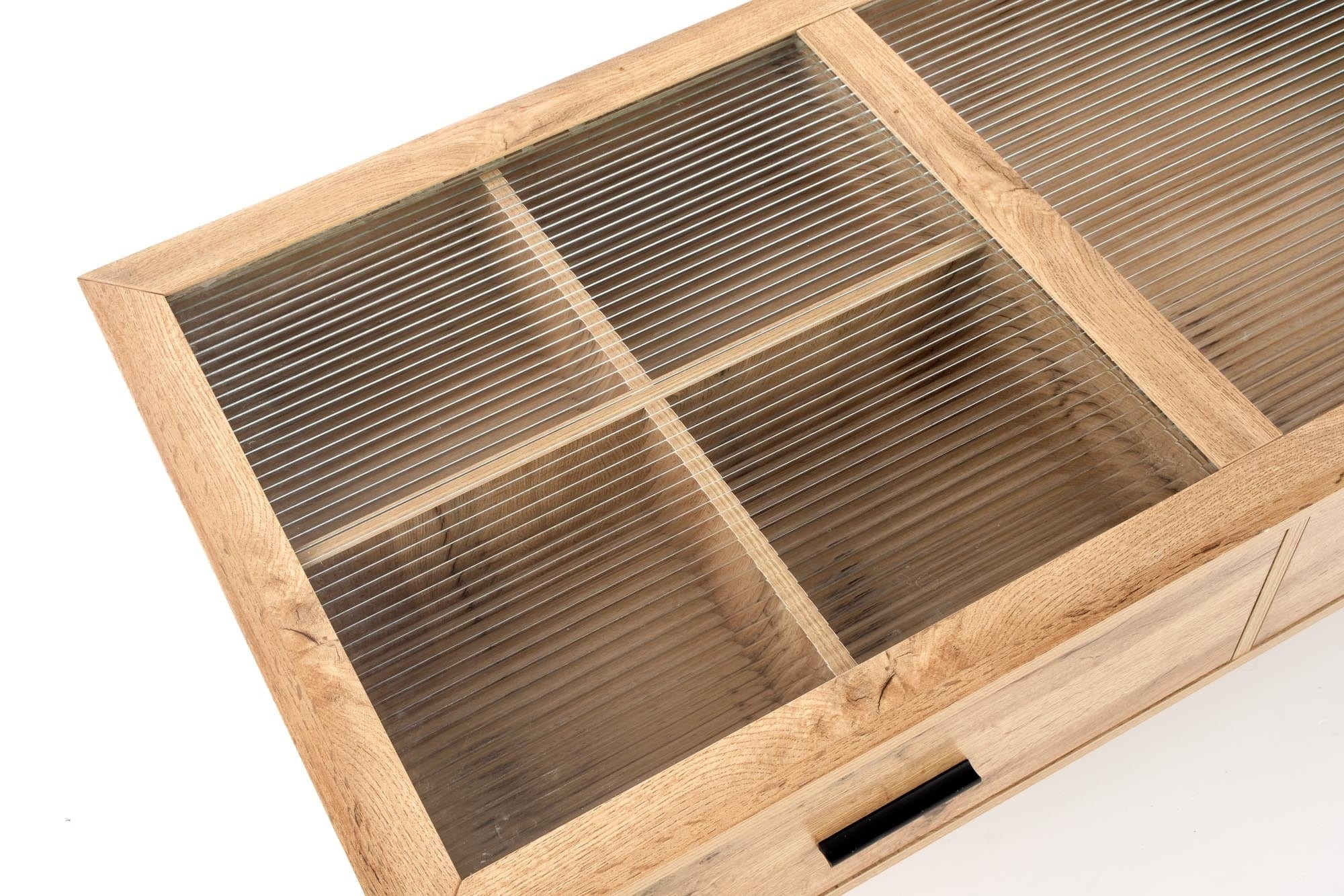 Halmar Masa de cafea din sticla, MDF si metal cu 2 sertare, Constantine Stejar / Negru, L120xl60xH40 cm