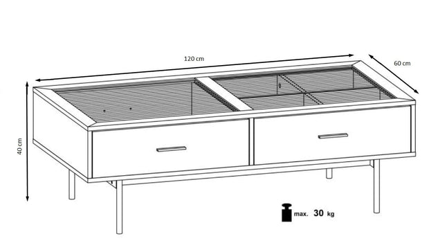 Halmar Masa de cafea din sticla, MDF si metal cu 2 sertare, Constantine Stejar / Negru, L120xl60xH40 cm