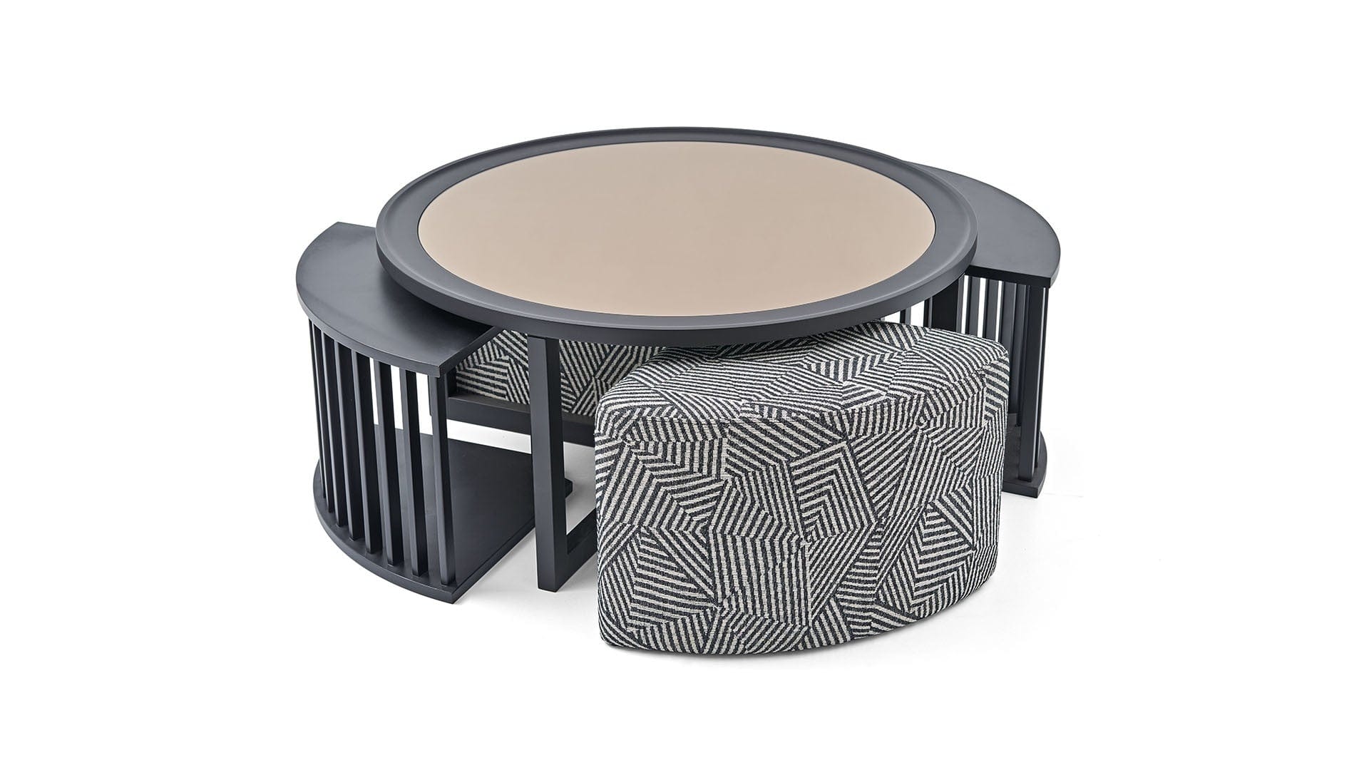 Dogtas Masa de cafea din sticla, pal si metal, Aris Negru + Taburete Incluse, Ø92,5xH43,5 cm