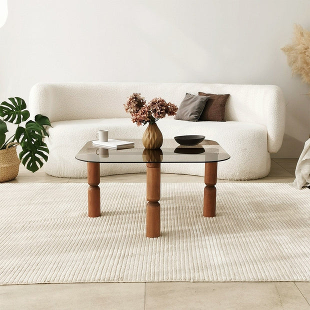 Asir Masa de cafea din sticla si lemn, Kei Bronz / Nuc, L80xl80xH40 cm