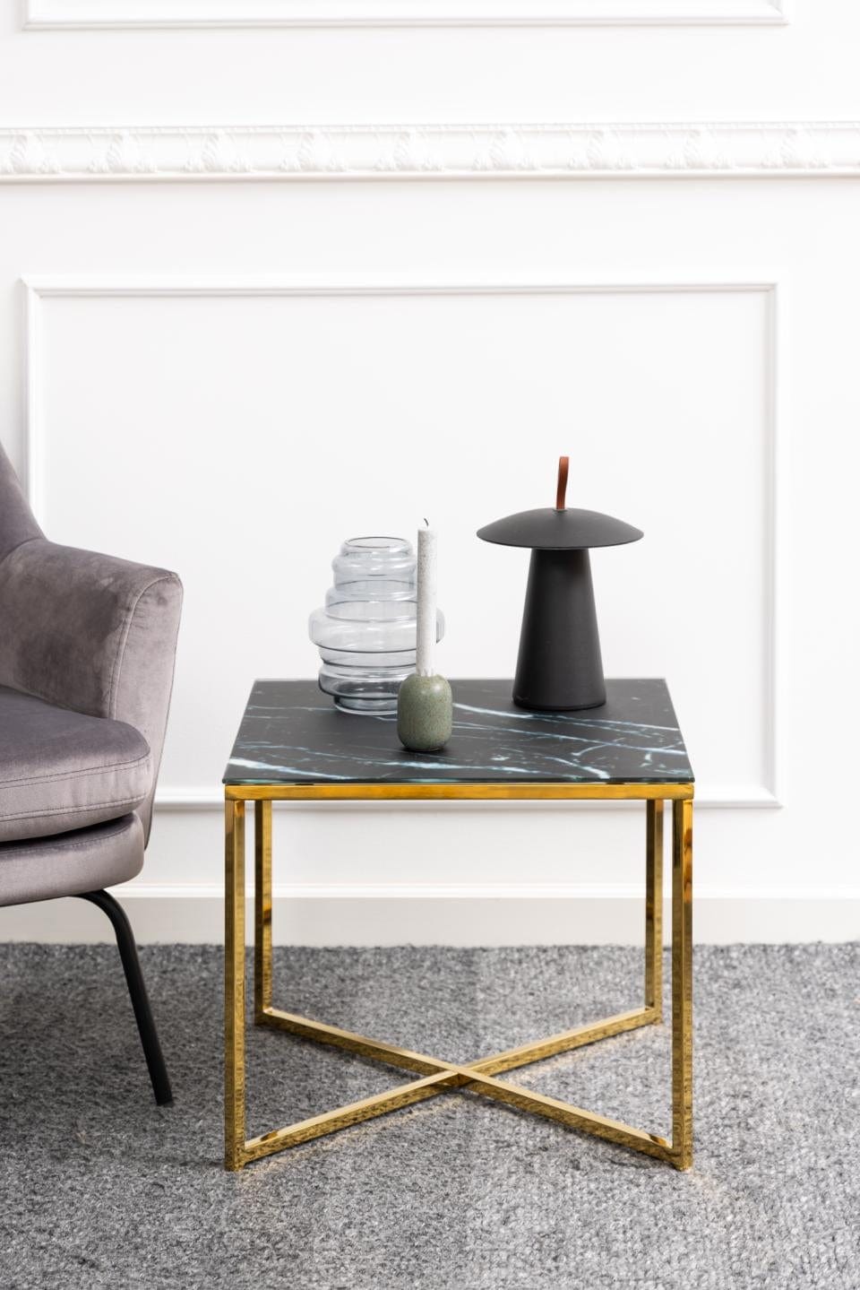 Masa de cafea din sticla si metal, Alisma II Square Negru / Auriu, L50xl50xH42 cm (1)